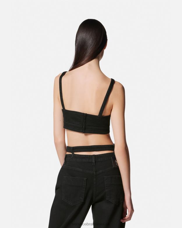 oblečenie X8X8P2145 Versace denim crop top s barokovou sponou čierna ženy