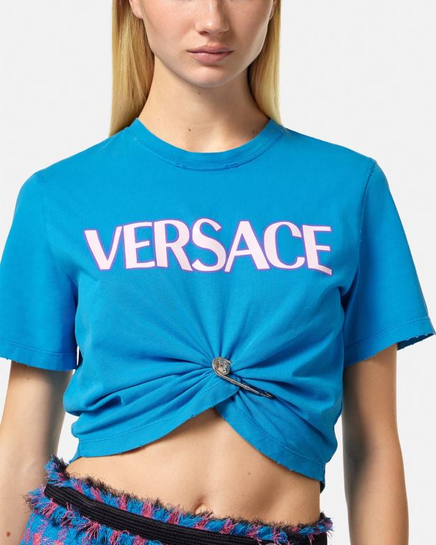 oblečenie X8X8P140 Versace tričko s logom zatváracieho špendlíka Modrá ženy