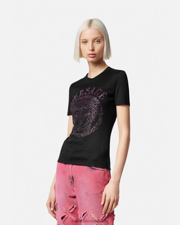 oblečenie X8X8P153 Versace krištáľové tričko s logom medúzy čierna a ružová ženy